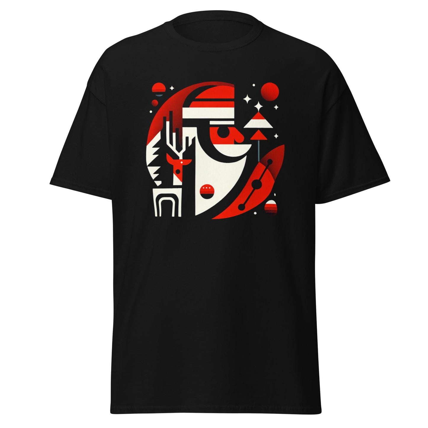 Yuletide Christmas: Futuristic Holiday Elegance - Santa and Reindeer Minimalist Abstract Art Tee