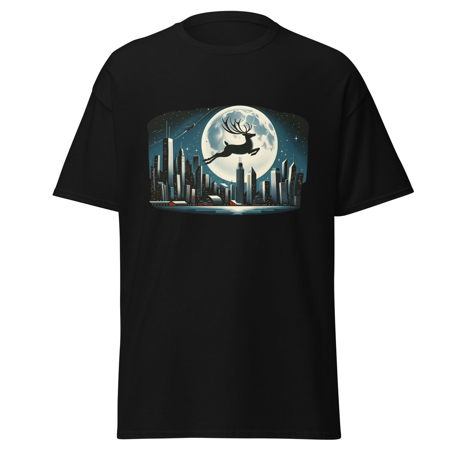 Midnight Magic: Moonlit Reindeer Over Chicago Skyline - Christmas Winter Wonderland Tee