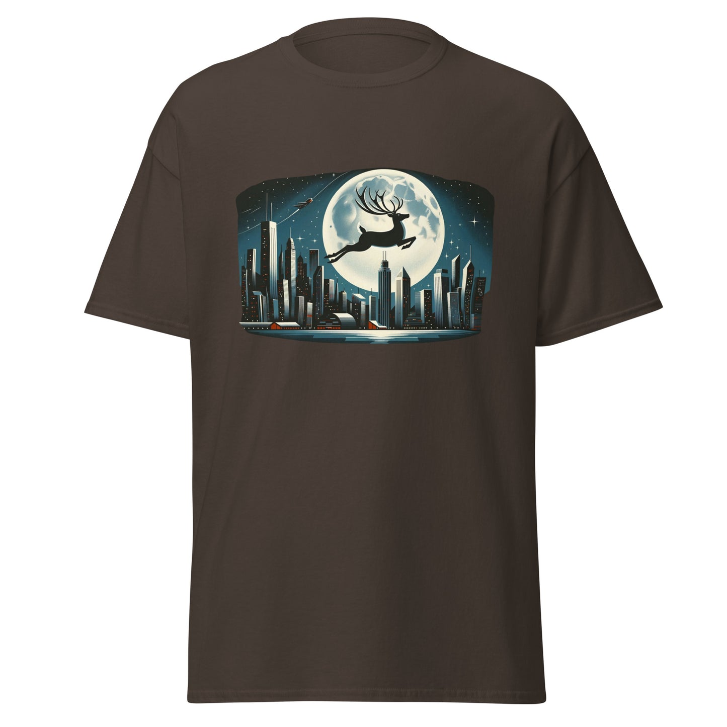 Midnight Magic: Moonlit Reindeer Over Chicago Skyline - Christmas Winter Wonderland Tee
