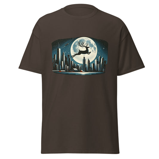 Midnight Magic: Moonlit Reindeer Over Chicago Skyline - Christmas Winter Wonderland Tee