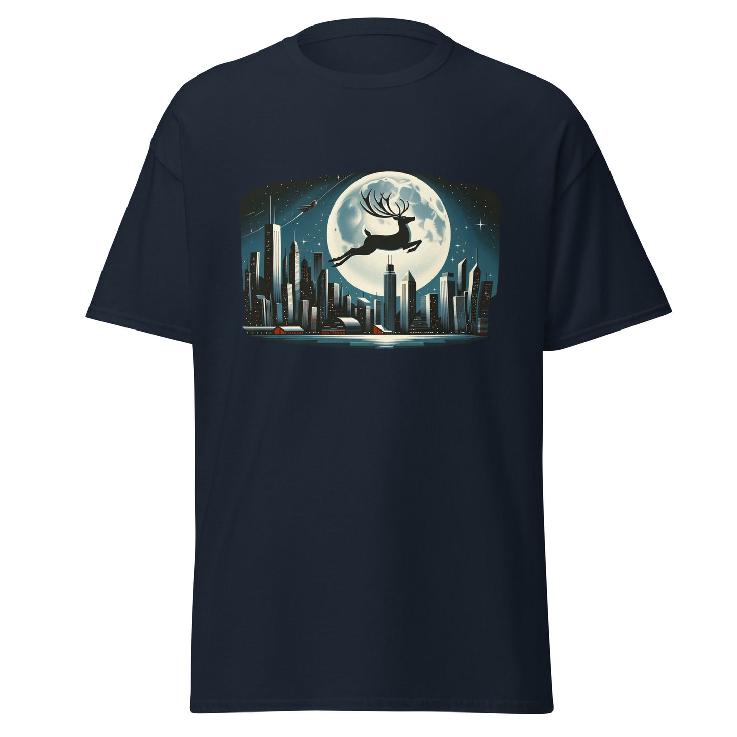 Midnight Magic: Moonlit Reindeer Over Chicago Skyline - Christmas Winter Wonderland Tee