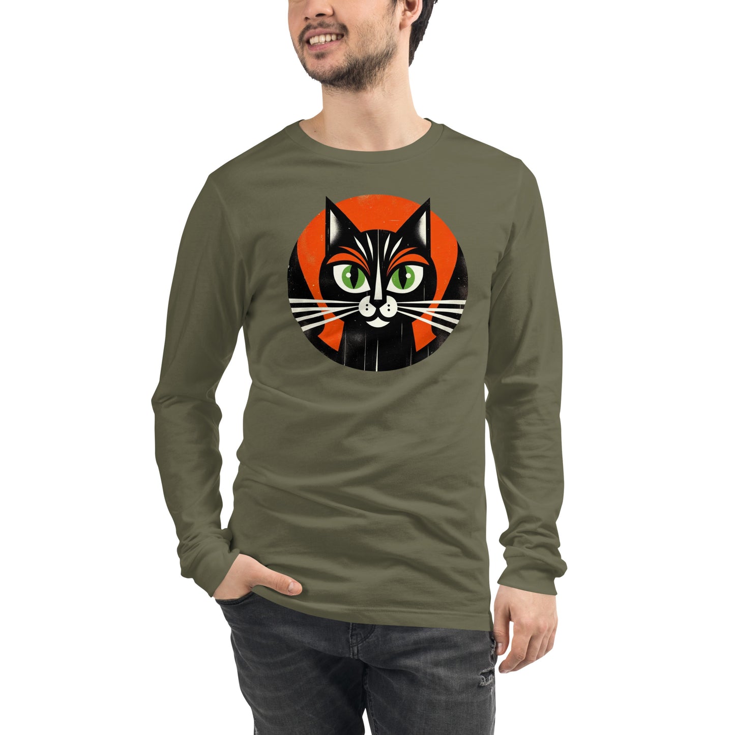 Vintage Vibe Bougie Black Cat Spooky Minimalist Halloween Unisex Long Sleeve Tee