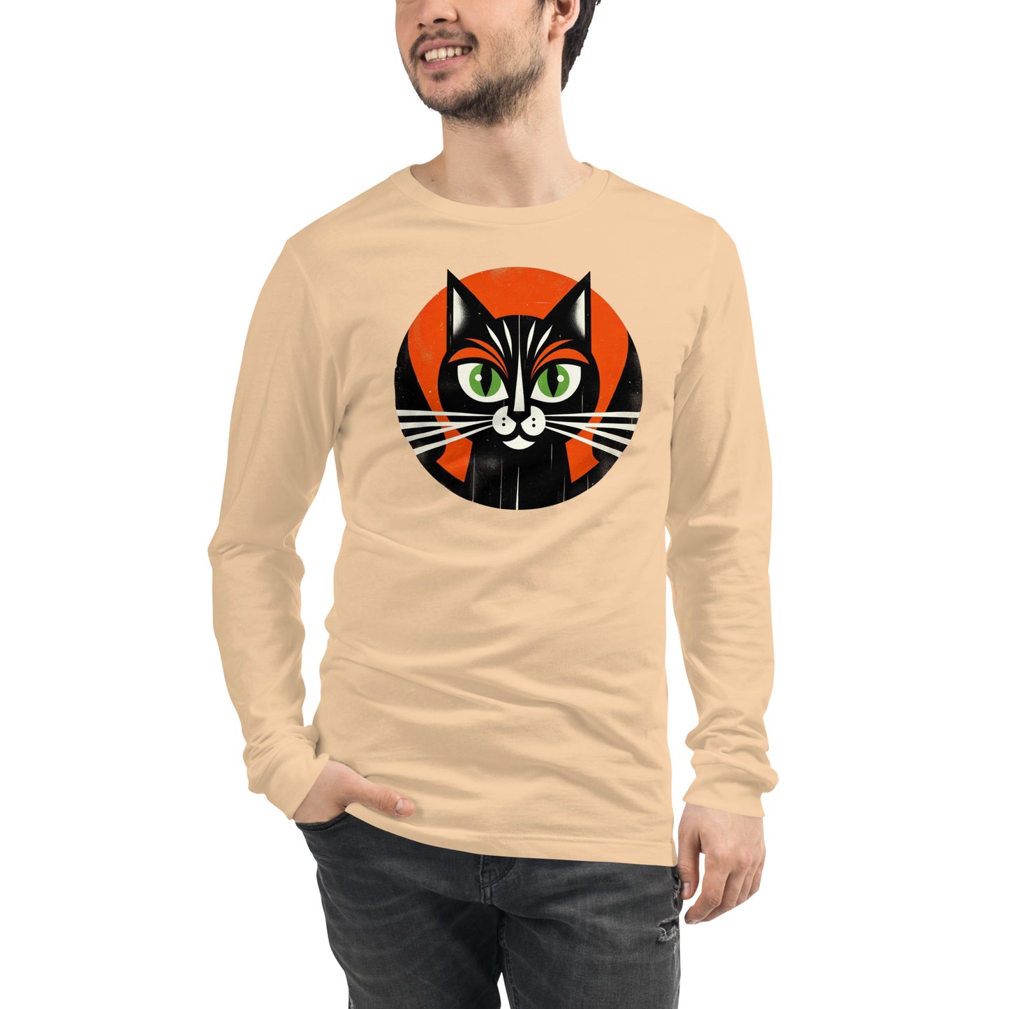 Vintage Vibe Bougie Black Cat Spooky Minimalist Halloween Unisex Long Sleeve Tee