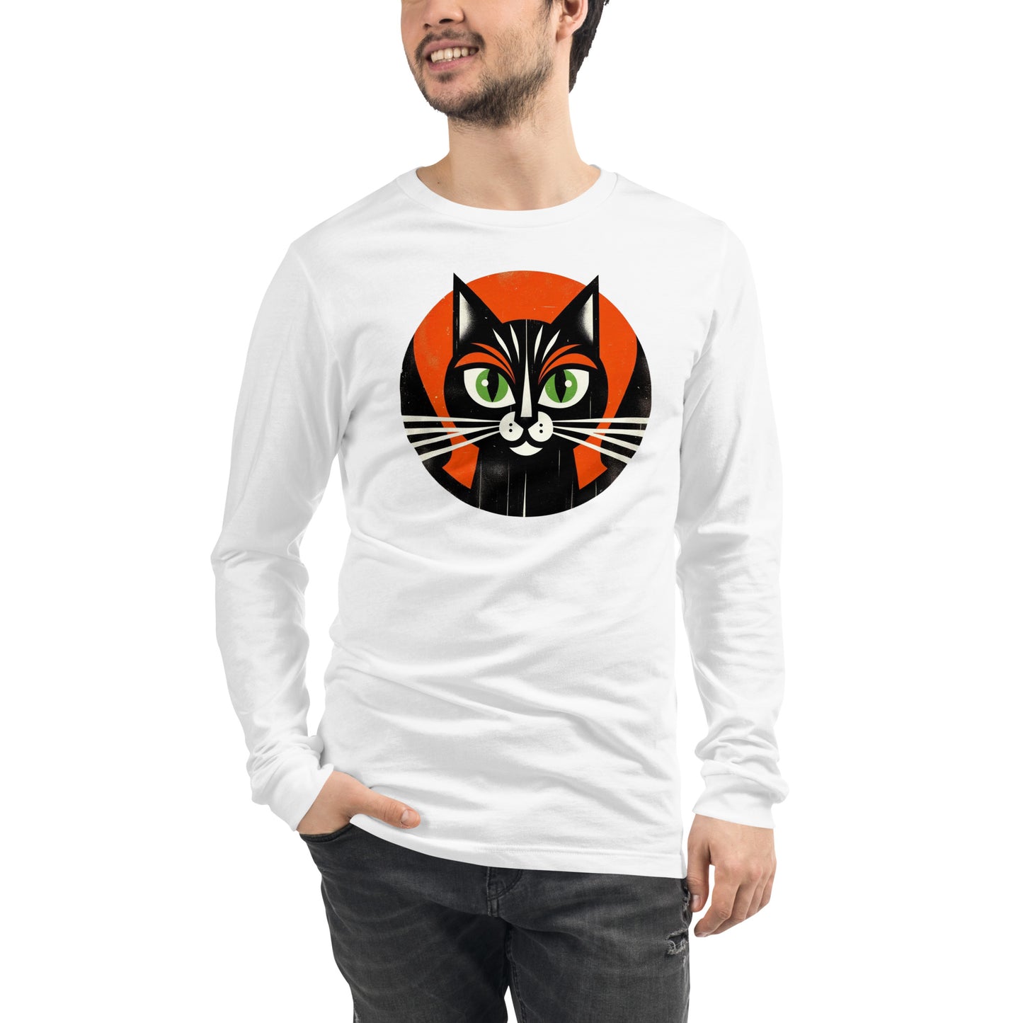 Vintage Vibe Bougie Black Cat Spooky Minimalist Halloween Unisex Long Sleeve Tee