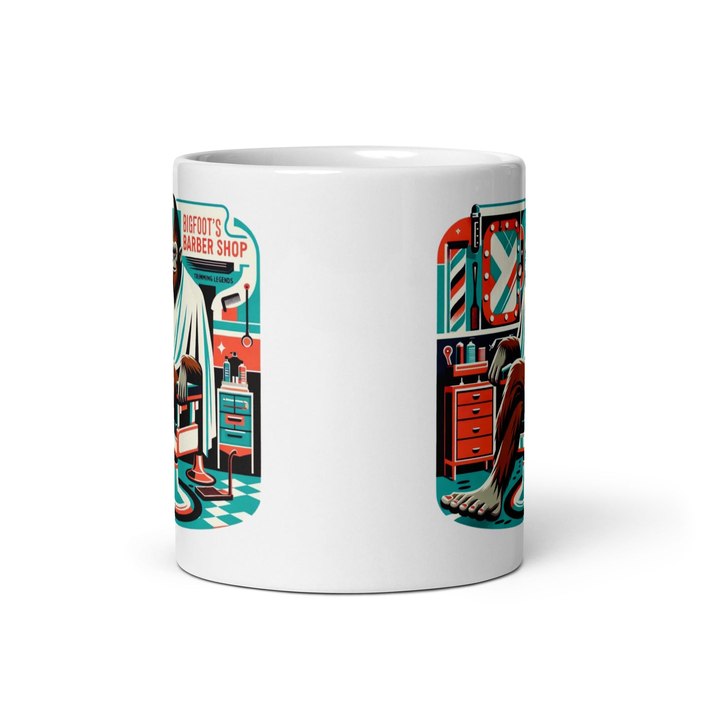 Bigfoot's Barber Shop - Trimming Legends White glossy mug