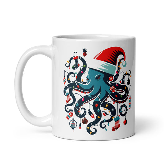 Kraken Christmas: Tangled in Tradition White glossy mug