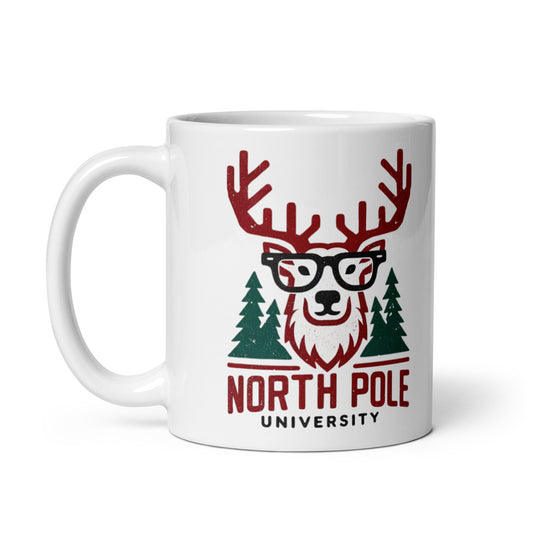 Christmas Holiday Geek: The Reindeer University of the North Pole White glossy mug