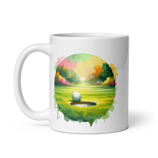 On the Brink - Final Putt Watercolors Golf Scene White glossy mug