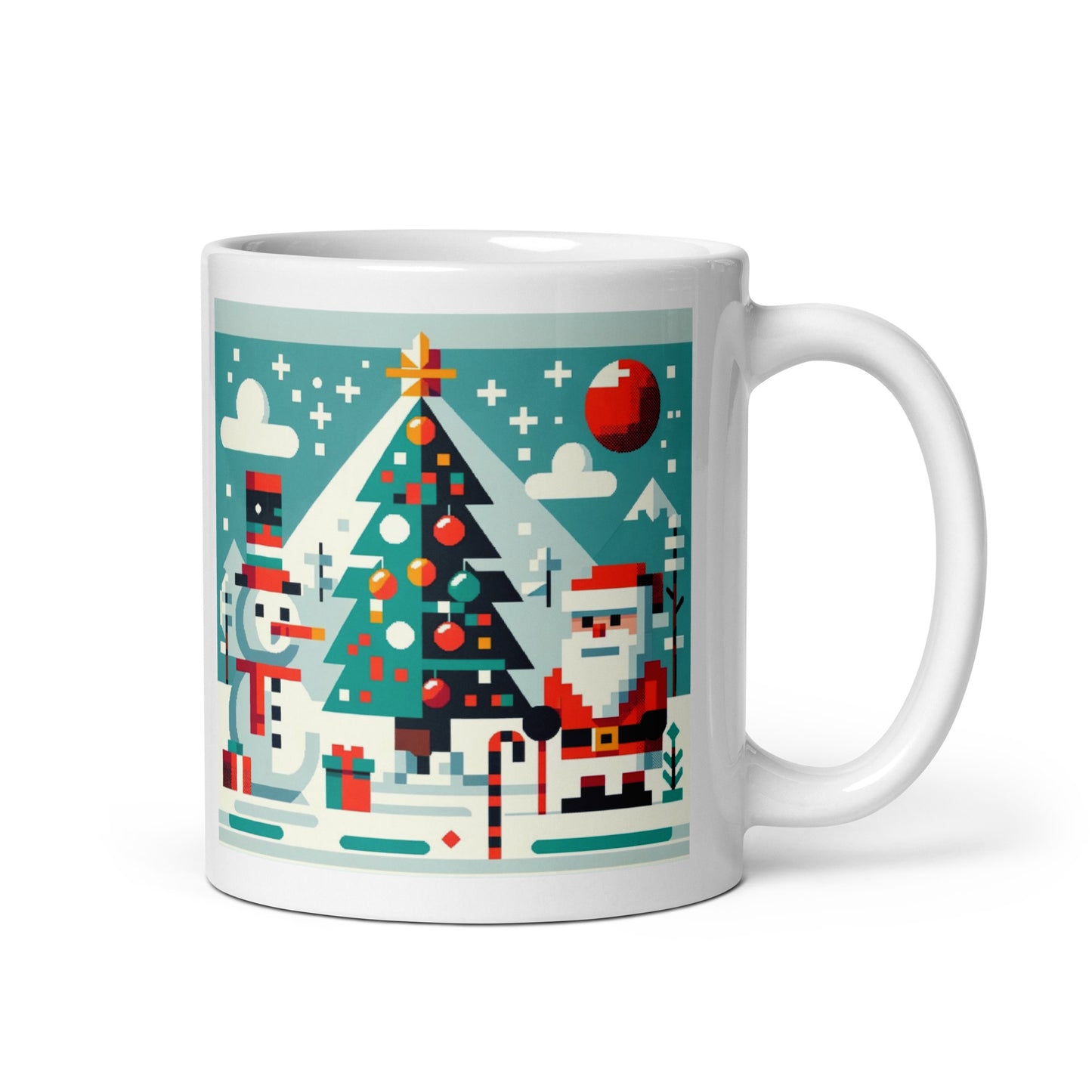 Christmas with Snowman and Santa 8-Bit Holiday Gaming Coffee Mug
