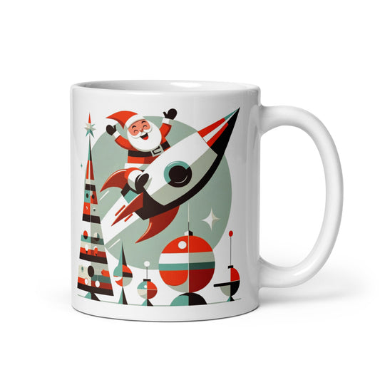 Rocketing with Santa: A Retro Christmas Adventure Vintage Vibe Holiday Christmas T-Shirt White glossy mug