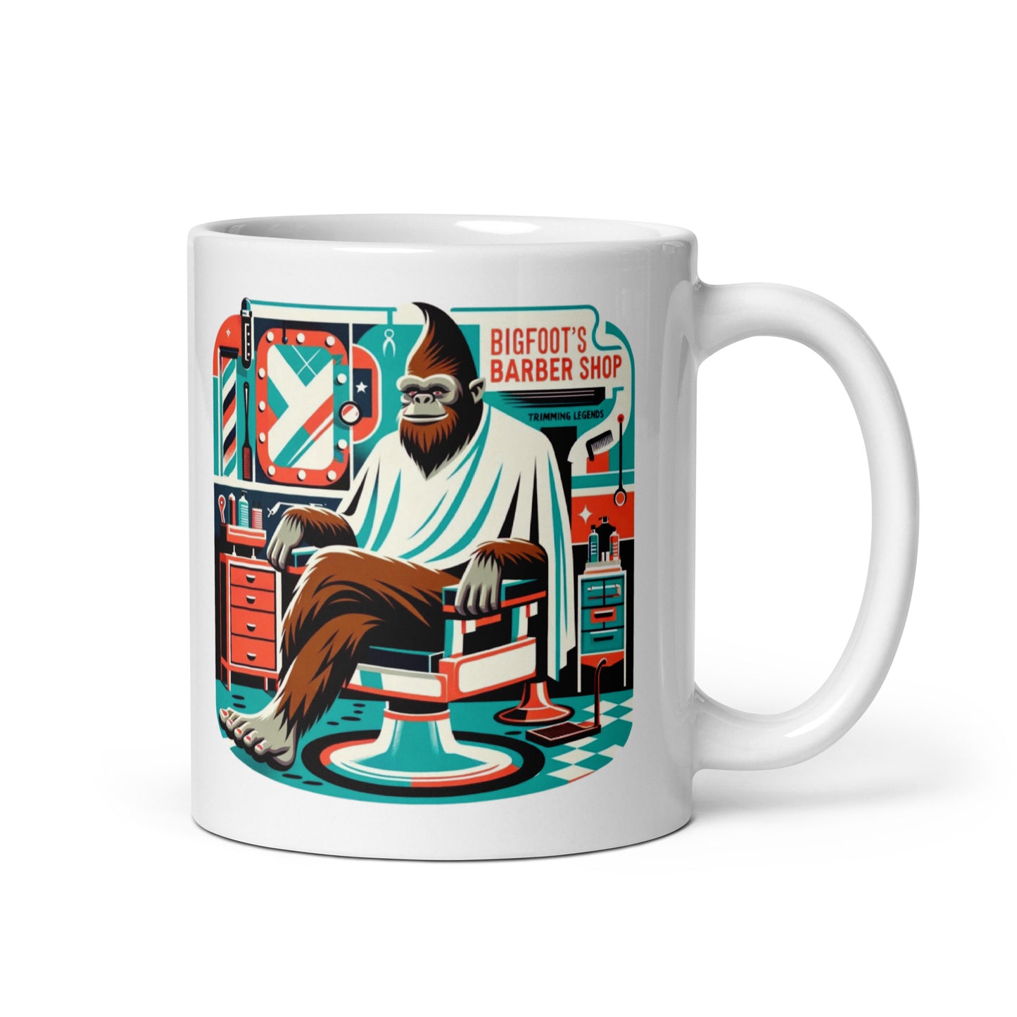 Bigfoot's Barber Shop - Trimming Legends White glossy mug