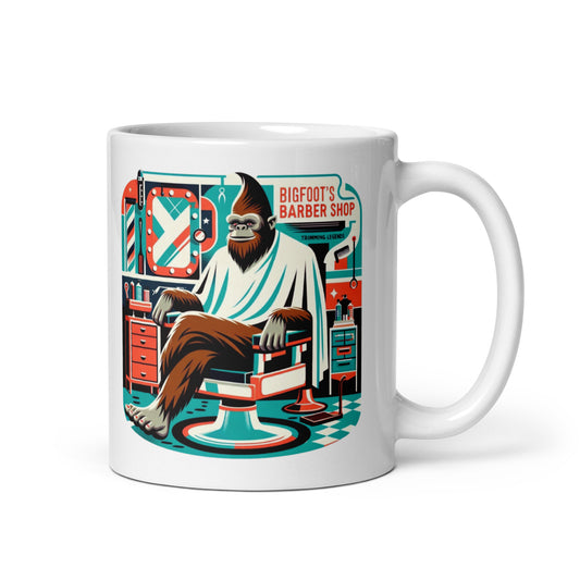 Bigfoot's Barber Shop - Trimming Legends White glossy mug
