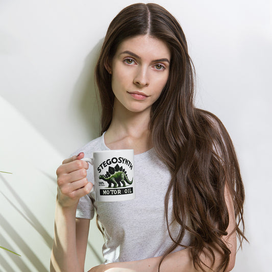 Stegosynth Motor Oil Dinosaur Graphic White glossy mug