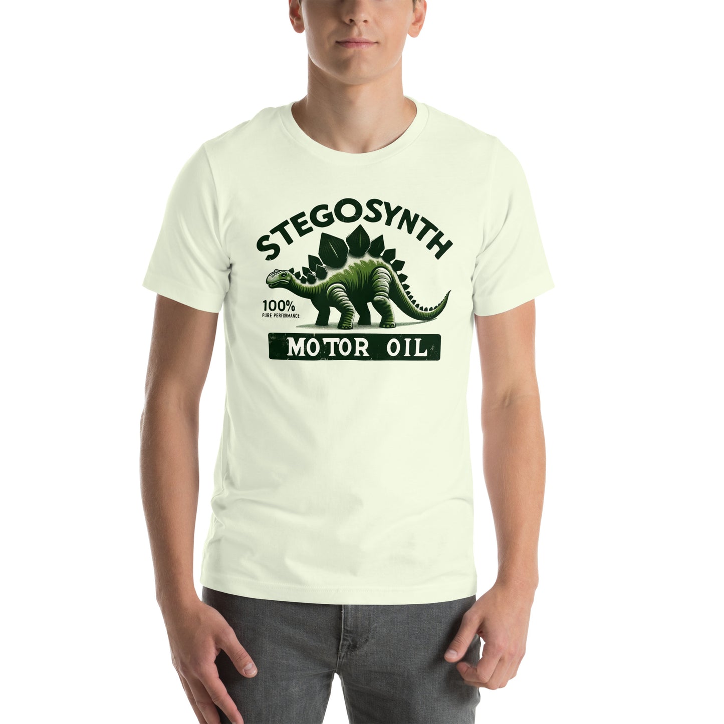 Stegosynth Motor Oil Dinosaur Graphic Unisex t-shirt