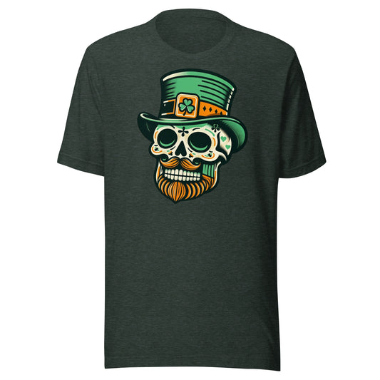 Irish Charm Meets Dia de Los Muertos: Skull with Leprechaun Hat Unisex t-shirt