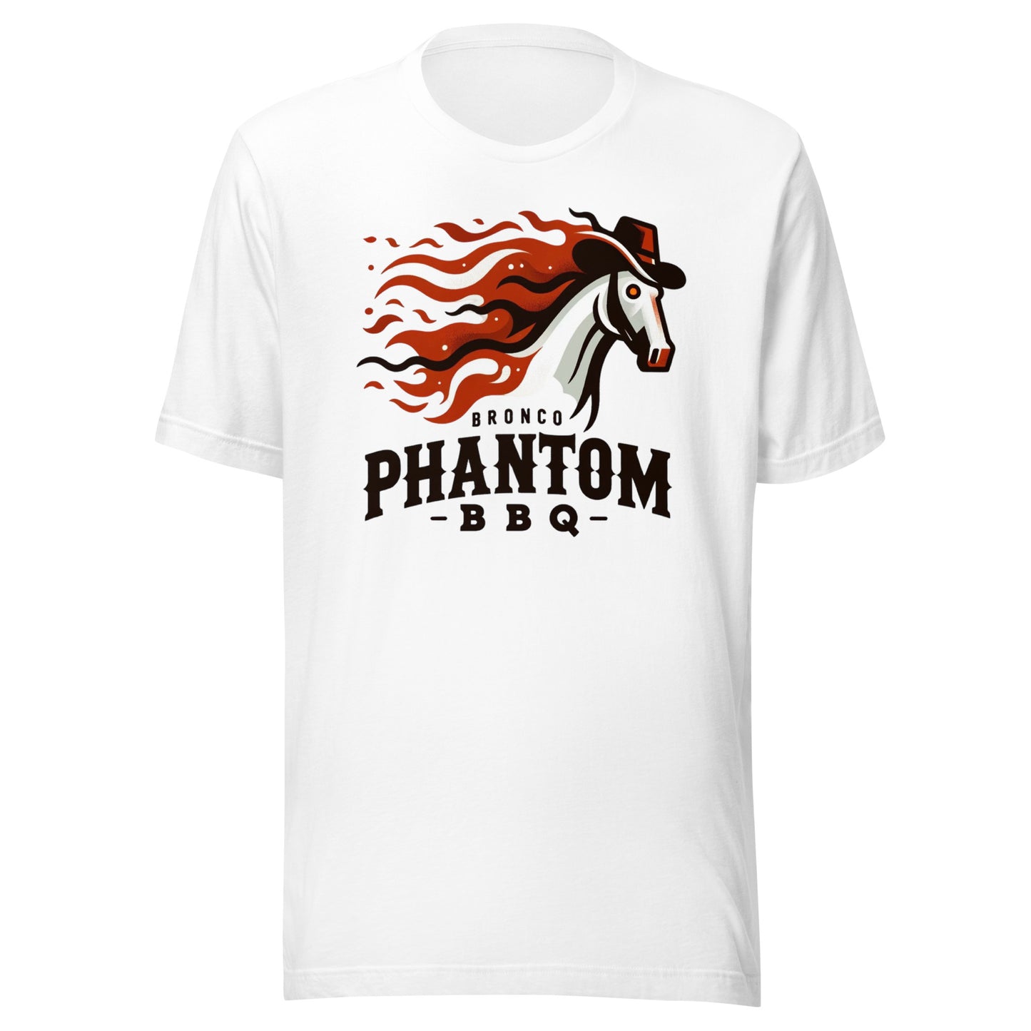 Blazing Saddle: The Fiery Spirit of Bronco Phantom BBQ Unisex t-shirt