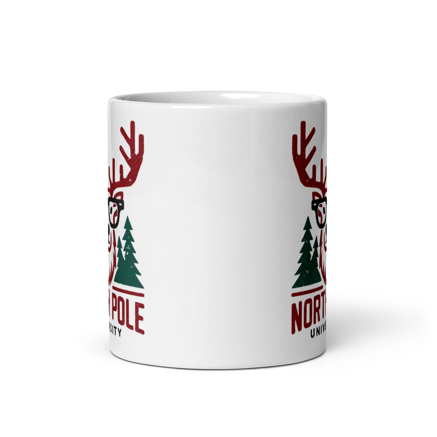 Christmas Holiday Geek: The Reindeer University of the North Pole White glossy mug