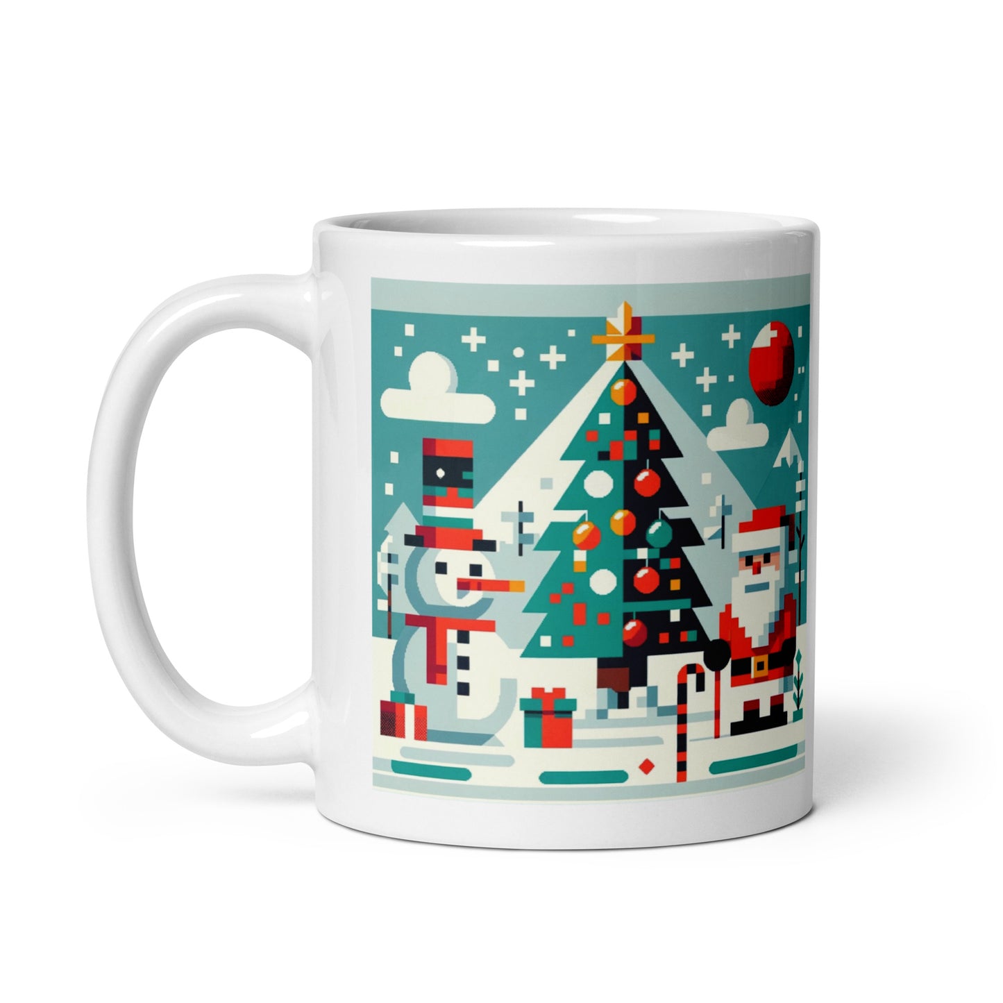 Christmas with Snowman and Santa 8-Bit Holiday Gaming Coffee Mug