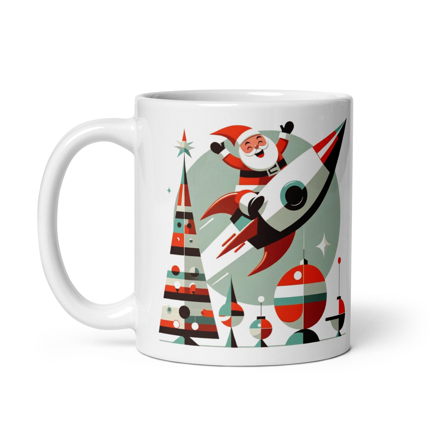 Rocketing with Santa: A Retro Christmas Adventure Vintage Vibe Holiday Christmas T-Shirt White glossy mug