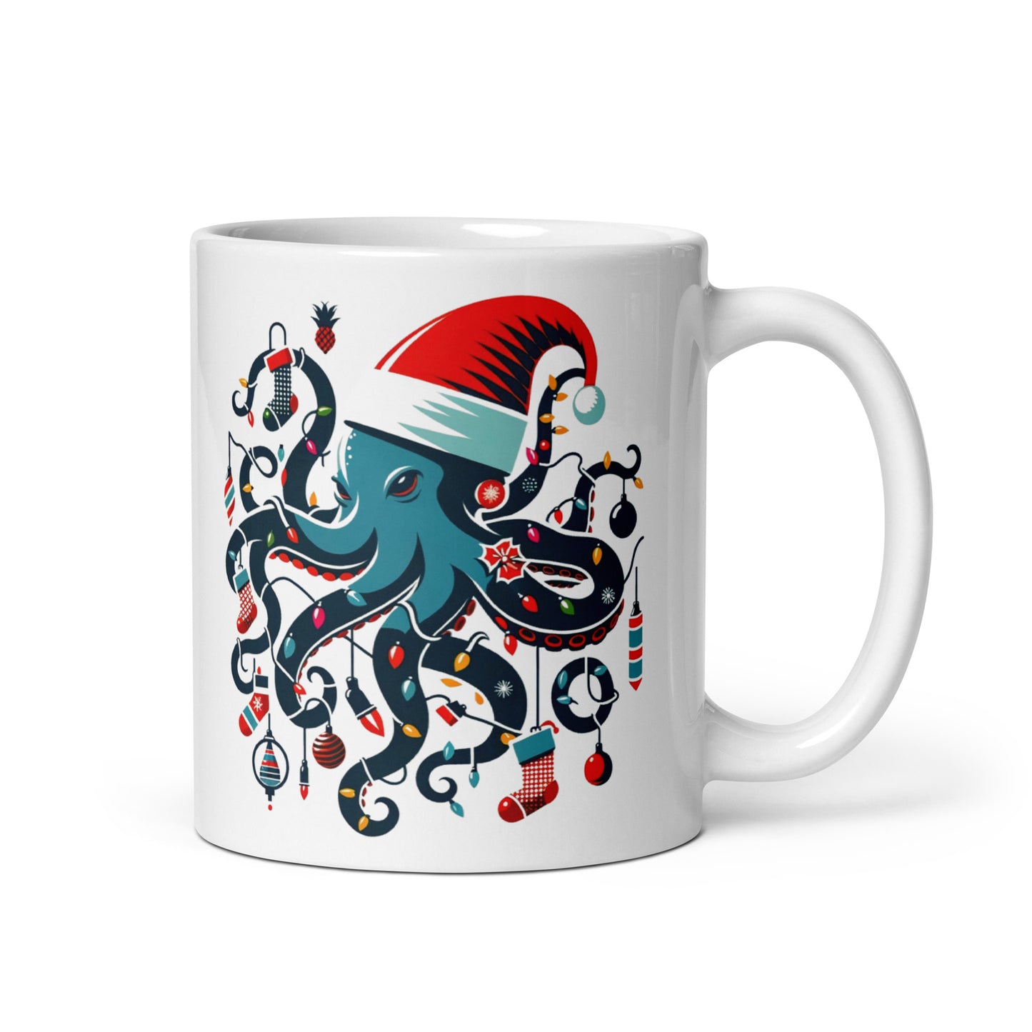 Kraken Christmas: Tangled in Tradition White glossy mug